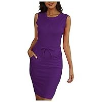 Women 2024 Summer Dresses Solid Color Sleeveless Party Dress Round Neck Bodycon Trendy Dresses with Pockets