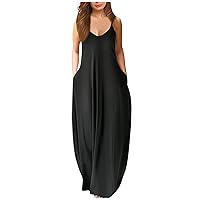 Women's Denim Dress Fashion Casual Large Solid Round Neck Suspender Vest A-Line Long Dress Funeral, S-5XL