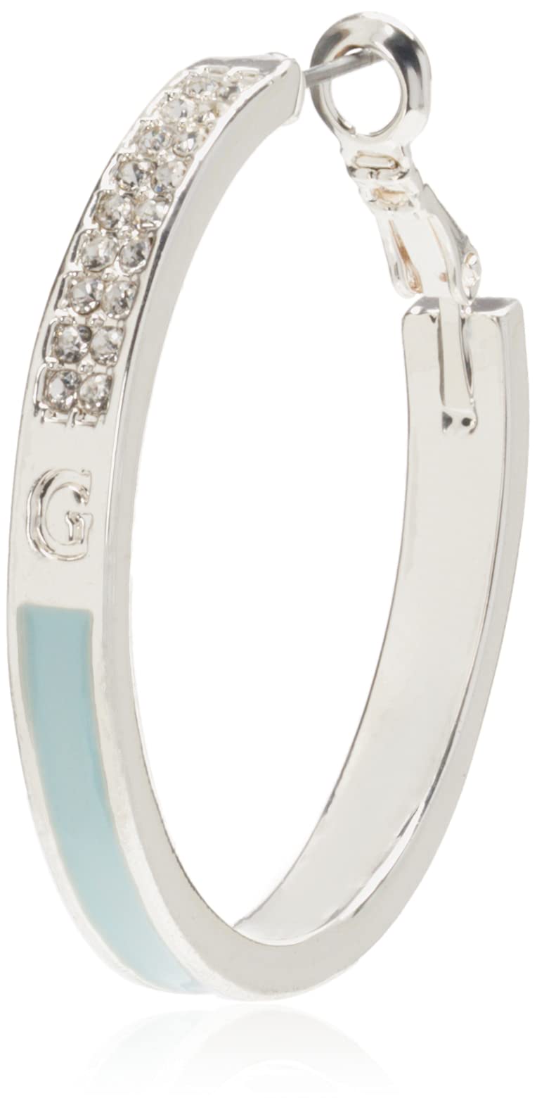 Guess Silvertone Pave Crystal Glass Stone and Light Blue Hoop Earrings
