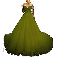 Women's Sheer Neck Long Sleeves Vintage Boho Wedding Dress Lace Applique Bridal Gowns with Sweep Train Army Green