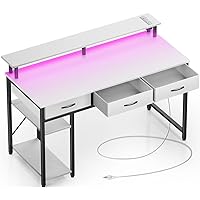 Computer Desk with Power Outlets & LED Light, 47 inch Home Office Desk with Drawers and Storage Shelves, Writing Desk with Monitor Stand, Modern Work Study Desk for Home Office, White