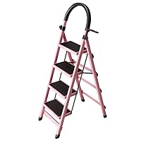 Ladder Portable Step Ladder Stool Safety Anti-Skid Ladder with Sponge Handrail Kitchen Wide Pedal 4 Step Steel Ladder (Color : Pink)