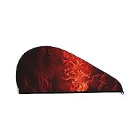 Red Flame Print Dry Hair Cap for Women Coral Velvet Hair Towel Wrap Absorbent Hair Drying Towel with Button Quick Dry Hair Turban for Travel Shower Gym Salons