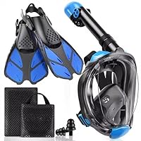 Mask Fins Snorkeling Gear for Adults, Full Face Snorkel Mask & Adjustable Swim Fins Snorkel Set, Panoramic View Snorkel Mask Dry Top System Anti-Fog Anti-Leak