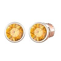 Bezel Set Round Cut Created Gemstones (7MM) Solitaire Stud Earrings 14K Rose Gold Over .925 Sterling Silver For Women's