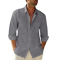 Button Down Linen Shirts for Men Casual Long Sleeve Regular Fit Cotton Beach Shirts with Pocket