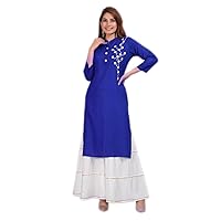 Indian Cotton Women Party Wear Boho Top Tunic Shirts Kurti Frock Suit with Pant Pajama Sharara Royal Blue Color Plus Size