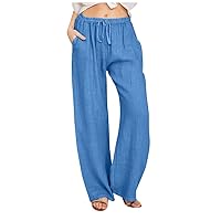 Wide Leg Pants for Women, Drawstring Waist Casual Pants Loose Fit Linen Palazzo Pants Solid Color Beach Trousers