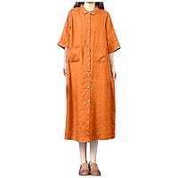 Women's Cotton Linen Dress Summer Casual Loose Plain Short Sleeve Midi Length Button Down Shirt Dresses with Pocket