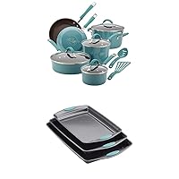 Rachael Ray 16344 12-Piece Aluminum Cookware Set, Agave Blue with Rachael Ray Nonstick Bakeware Cookie Pan Set, 3-Piece, Gray with Agave Blue Silicone Grips