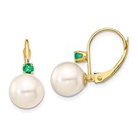 14k Gold 8 8.5mm White Round Freshwater Cultured Pearl Emerald Leverback Earrings Measures 20.15mm long Jewelry Gifts for Women