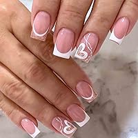 Foccna French Tip Press on Nails Medium LOVE Fake Nails Square Bling Glossy White False Nail Tips Artificial Finger Manicure for Women and Girls,24pcs
