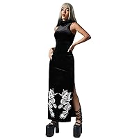 Dresses for Women - Chinese Dragon Print Split Thigh Velvet Dress Without Gloves
