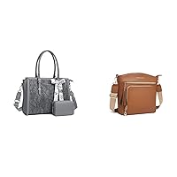 MOSISO 16 inch Front Embossed Retro Hibiscus Laptop Tote Bag with Silk Scarf & Small Purse & Crossbody Bag with Tassel, Gray & Brown
