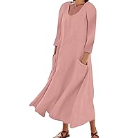 Womens Summer Dresses Casual 3 of 4 Sleeve Crew Neck Loose Boho Dress with Pockets Solid Color Sundress(Black,Large)