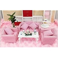 Dollhouse Miniature Living Room Furniture Pink Sofa Couch with Pillow Cushions and table