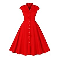 50s 60s Vintage Cap Sleeve Swing Dress for Women Button Down Lapel Dressy Cocktail Tea Party Solid A-Line Dresses