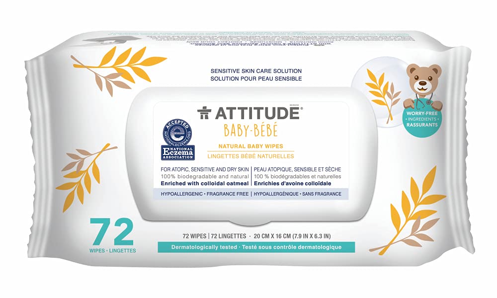 ATTITUDE Oatmeal Sensitive Natural Baby Care Wipes, Hypoallergenic, Vegan and Cruelty-Free, Unscented, 72 Wipes (Pack of 6)