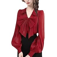 Lantern Sleeve Bow-Knot Design Women Satin Blouse Spring Solid Color Long Sleeve Shirt Princess Style Tops