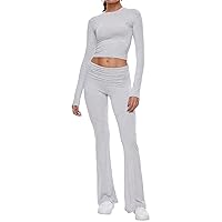 Women's 2 Piece Lounge Sets Fold-over Flare Pants Set Long Sleeve Cropped Top Casual Outfits Pajamas