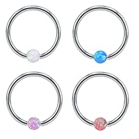 4PCS 16G Opal Nose Ring Stainless Steel Captive Bead Septum Ring Helix Cartilage Earrings Hoop Piercing Jewelry