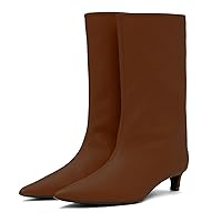 MOOMMO Women Kitten Heel Calf Boots Pointed Toe Pull On Wide Calf Boots Slouch Comfort 1.5 inch Low Heel Mid Calf Dress Boots Matte Short Boots Casual Party 4-11 M US