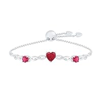 DGOLD 925 Sterling Silver White Round Diamond Heart Ruby & Round Pink Sapphire Adjustable Bolo Bracelet
