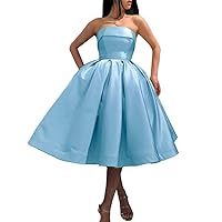 Women's Tea Length Satin A Line Homecoming Dress Sleeveless Short Prom Dress Sky Blue