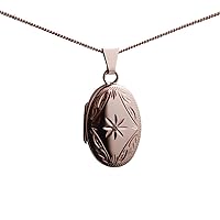 British Jewellery Workshops 9ct Rose Gold 22x15mm oval hand engraved diamond set Locket with a 1mm wide curb Chain