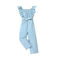 WDIRARA Toddler Girl's Striped Tie Front Ruffle Trim Sleeveless Square Neck Belted Jumpsuit