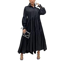 Women's Long Sleeve Maxi Shirt Dress Elegant Button Down Loose Swing Party Dress