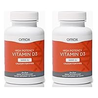 2 Pack - Omax Vitamin D3 5000 IU + Calcium, Strong Bones, Muscles & Joints, Heart Health, Immunity, Non GMO, No Gluten, No Soy - 90 Tablets/per Bottle