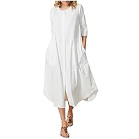 Women 3/4 Sleeve Button Down Cotton Linen T-Shirt Dress with Pockets Summer Crewneck Casual Loose White Tunic Dress