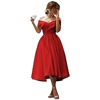 Women's Off Shoulder Prom Dresses Backless Ruched Satin Formal Evening Ball Gowns Wedding Party Dress with Pockets