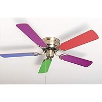 Pepeo - Kisa Ceiling Fan without Lighting | Fan with Pull Switch in Antique Brass with Multicolour Reversible Blades, Diameter 105 cm (Colour: Brass, Multicolor/Pastel)