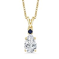 Gem Stone King 18K Yellow Gold Plated Silver Blue Sapphire Pendant with Chain Set with Moissanite (2.03 Cttw)