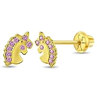 14k Yellow Gold Cubic Zirconia Magic Unicorn Screw Back Earring for Young Girls with Twist Locking Back - CZ Princess Earrings for Toddlers & Young Girls - Cut & Elegant Unicorn Studs for Girls