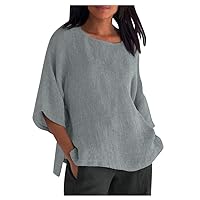 SMIDOW Oversized t Shirts for Women Casual Summer 2023 Fashion 3/4 Sleeve Linen Tops Plus Size Loose Fit Blouse