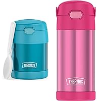 THERMOS FUNTAINER 10 Ounce Stainless Steel Vacuum Insulated Kids Food Jar with Folding Spoon, Teal and THERMOS FUNTAINER 12 Ounce Stainless Steel Vacuum Insulated Kids Straw Bottle, Pink