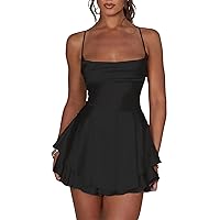 Women's Summer Satin Dress Sexy Backless Cowl Neck Tie Layer Mini Dress Spaghetti Strap Cocktail Party Dress