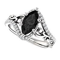 2.50 CT Sculptural Black Marquise Engagement Ring 14k White Gold, Scroll Marquise Black Onyx Ring, Victorian Marquise Black Diamond Ring, Art Deco, Classic Ring For Her