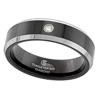 6mm Black Tungsten Diamond Wedding Ring for Him & Her Two-tone Beveled Edges Comfort fit, sizes 5 to 9