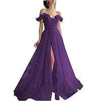 3D Flower Tulle Prom Gowns for Teens 2024 Long Off Shoulder Sweetheart A-Line Puffy Formal Gowns and Evening Dresses Plum 12
