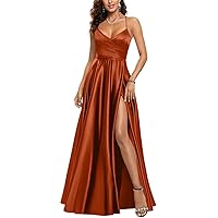 Women's Formal Dress A Line V-Neck Side Split Satin Evening Party Dress with Pocket