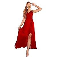 V Neck Wrap High Low Flounce Hem Bridesmaid Dresses for Women Satin Spaghetti Straps Cocktail Dress with Slit NY015