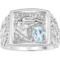 Rylos Men's 14K White Gold Lucky Nugget Horse Head Ring with 6X4MM Oval Gemstone and Sparkling Diamond Accent - Birthstone Elegance for Men, Available in Sizes 8-13