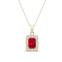 Emerald Cut Ruby Round & Natural Diamond 3/4 ctw Women Halo Pendant Necklace. Included 16 Inches Chain 14K Gold