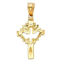 Holy Spirit Dove & Cross Pendant Solid 14k Yellow Gold Religious Charm Polished Design 18 x 12 mm