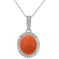 Silver City Jewelry 10k White Gold Natural Orange Moonstone Halo Necklace Oval 11x9mm, 18 inch long