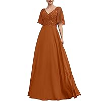 Mother of The Groom Dresses with Sleeves Lace Applique Chiffon A-Line V-Neck Long Wedding Guest Dresses for Women Formal Burnt Orange 6